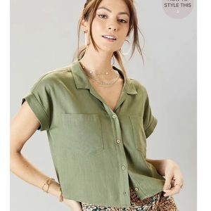 NEW! Francesca’s Izabella Button Down Olive Green Top Sz L